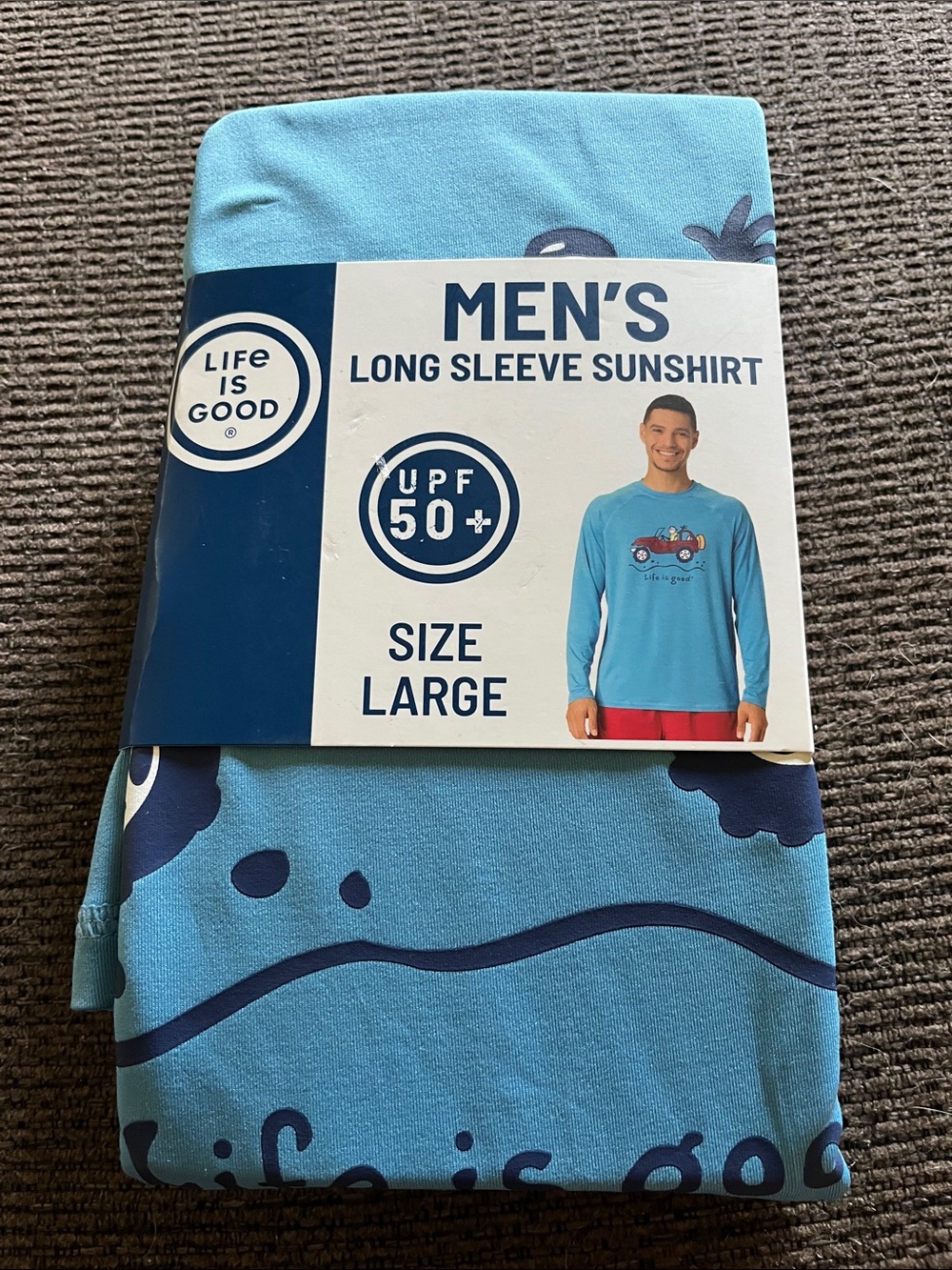 Life Is Good Men's Long Sleeve Sunshirt - Sky Blue with Red Jeep